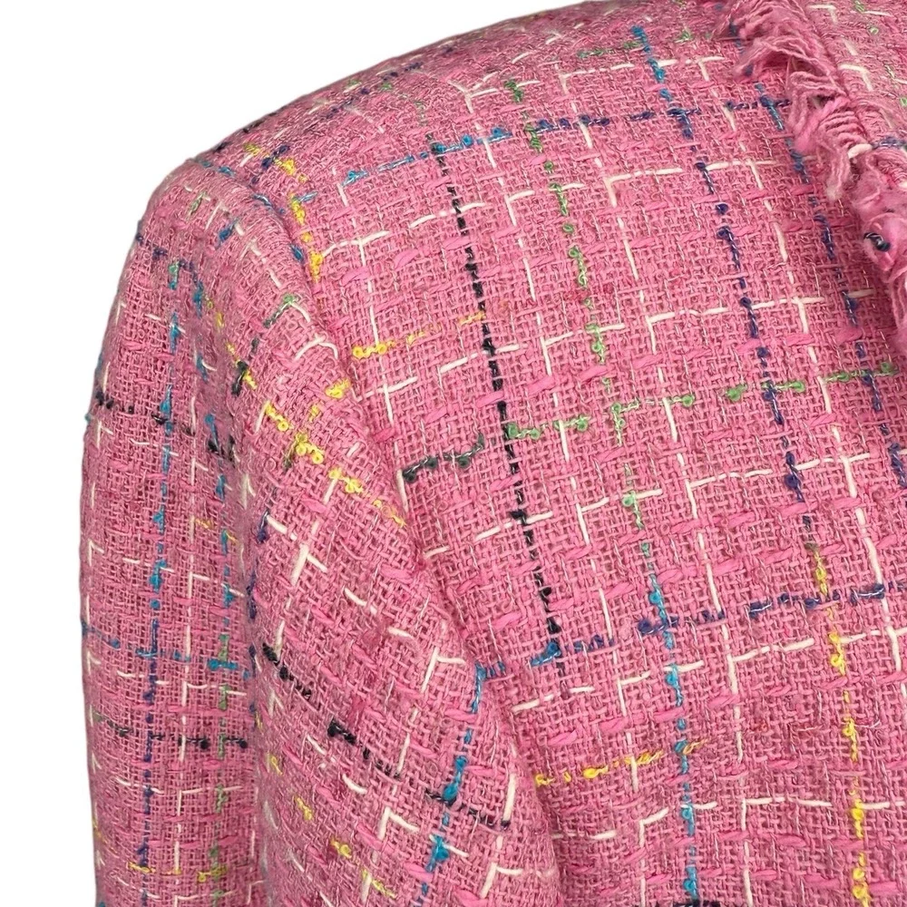 Anne‎ Carson Silk Tweed Blazer M Jacket Pink Frayed Hem Office Career Barbiecore